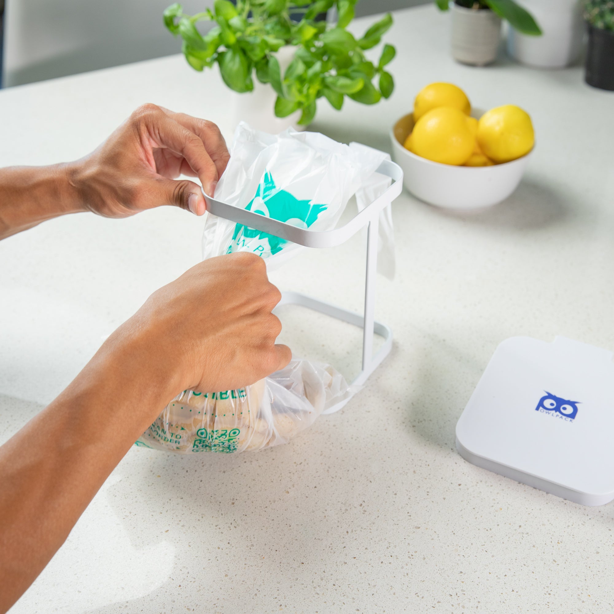 Owlpack two-gallon Yucksacks industrial compostable food waste trash bags countertop size kit