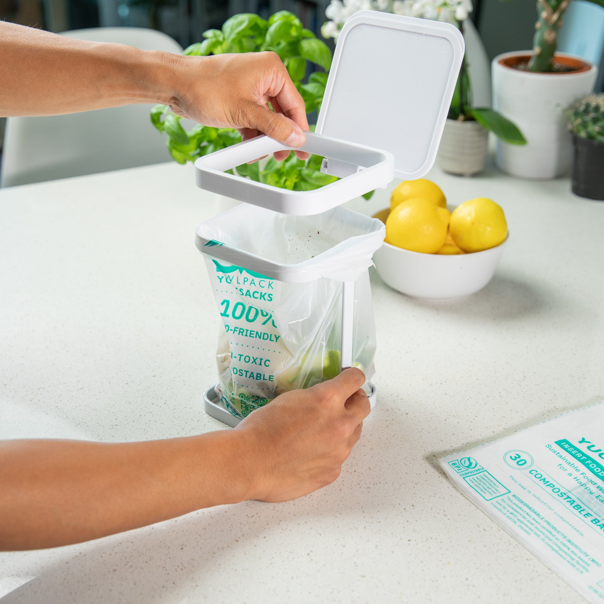 Owlpack easy install Yucksacks industrial compostable food waste trash bags countertop size kit