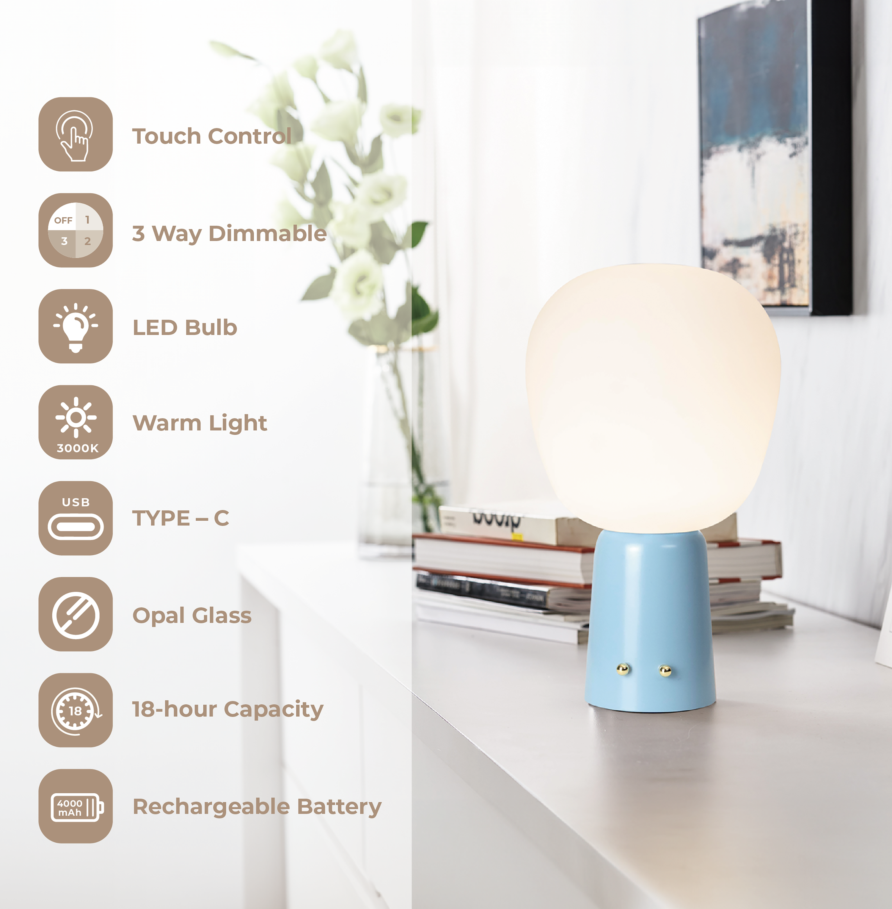Merlot Cordless LED Lamp with Adjustable Dimmer Features