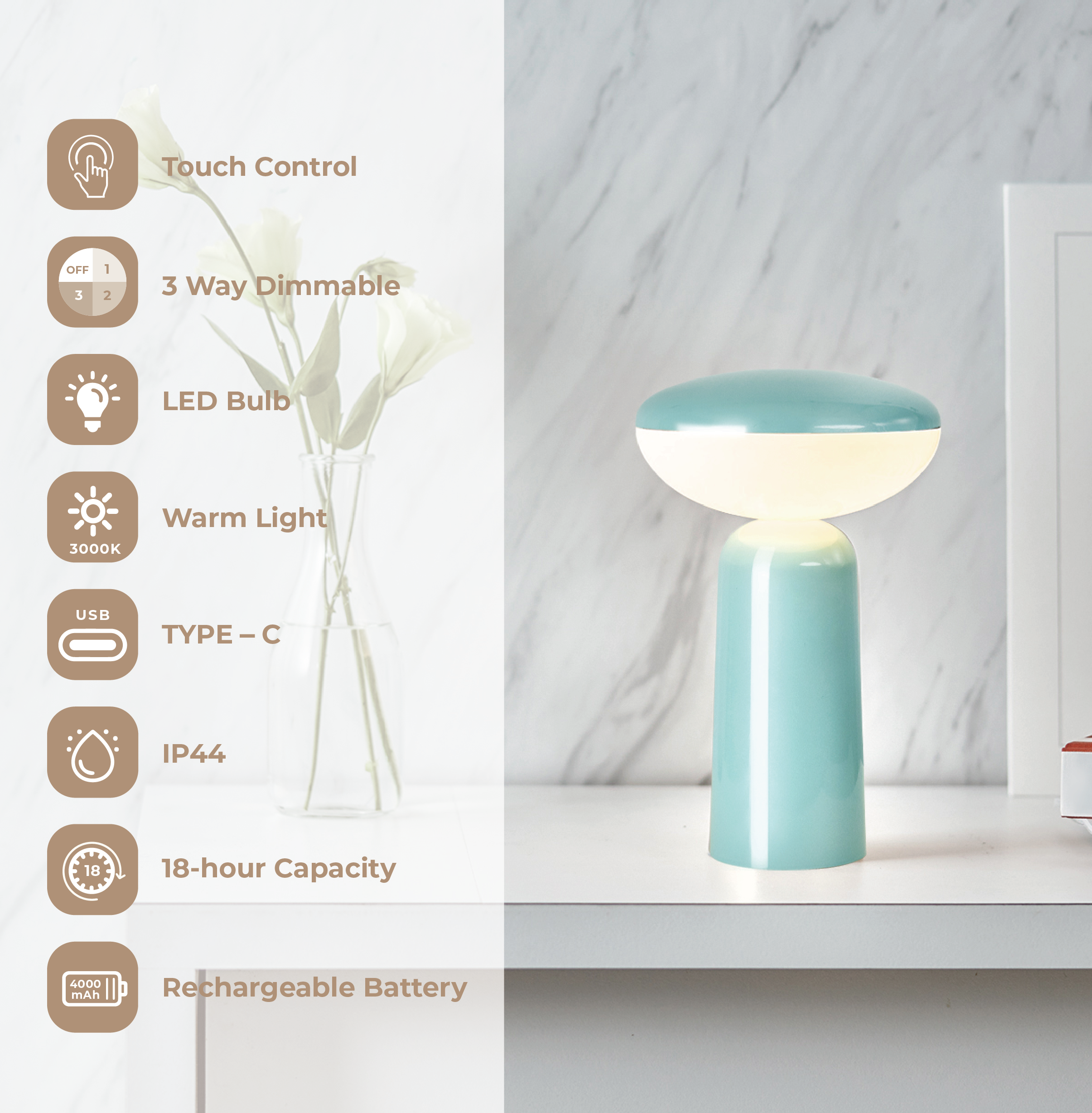 Pinot Cordless LED Lamp with Adjustable Dimmer Features