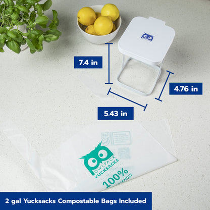 Owlpack two-gallon Yucksacks industrial compostable food waste trash bags countertop size kit