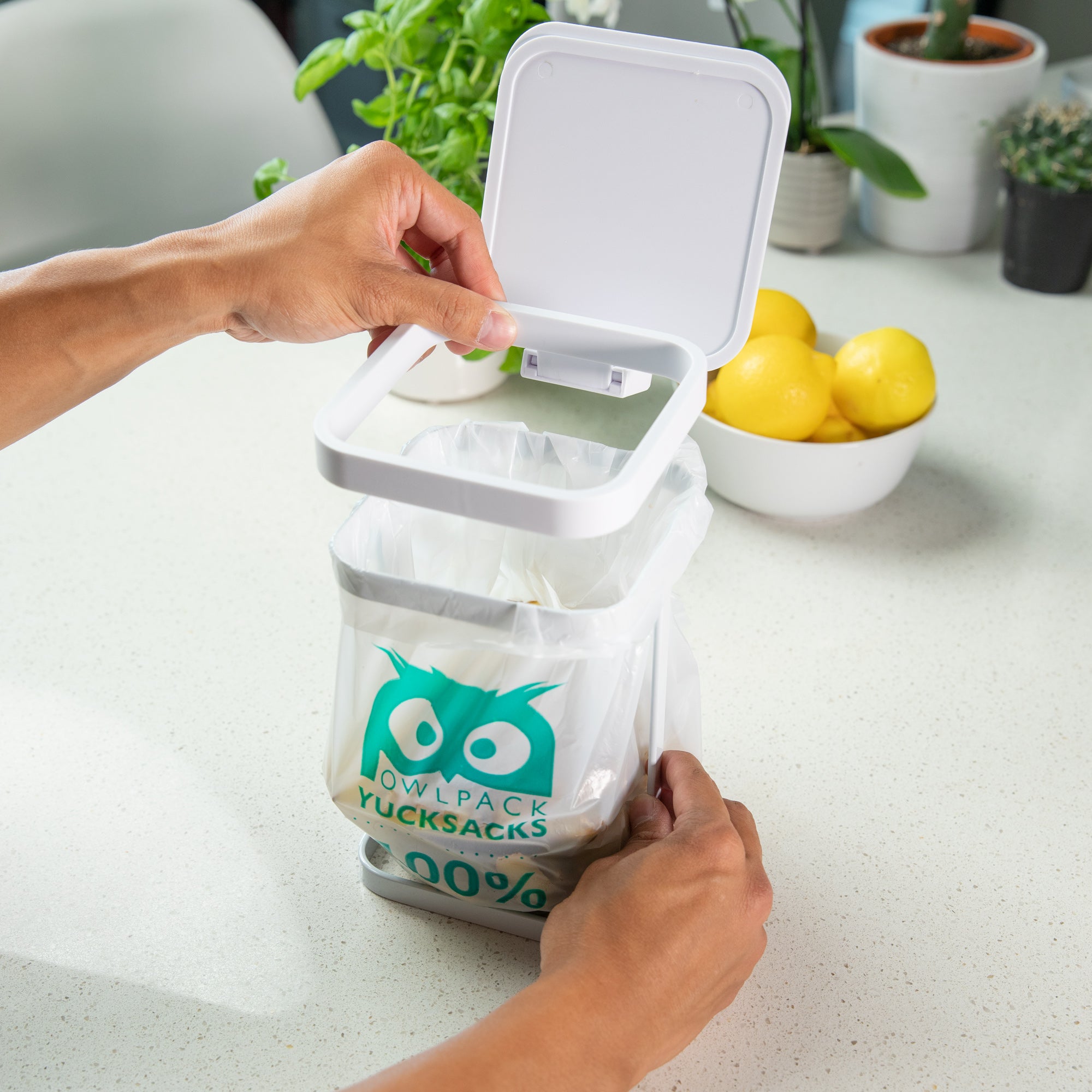 Owlpack two-gallon Yucksacks industrial compostable food waste trash bags countertop size kit