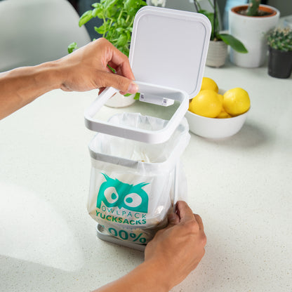Owlpack two-gallon Yucksacks industrial compostable food waste trash bags countertop size kit