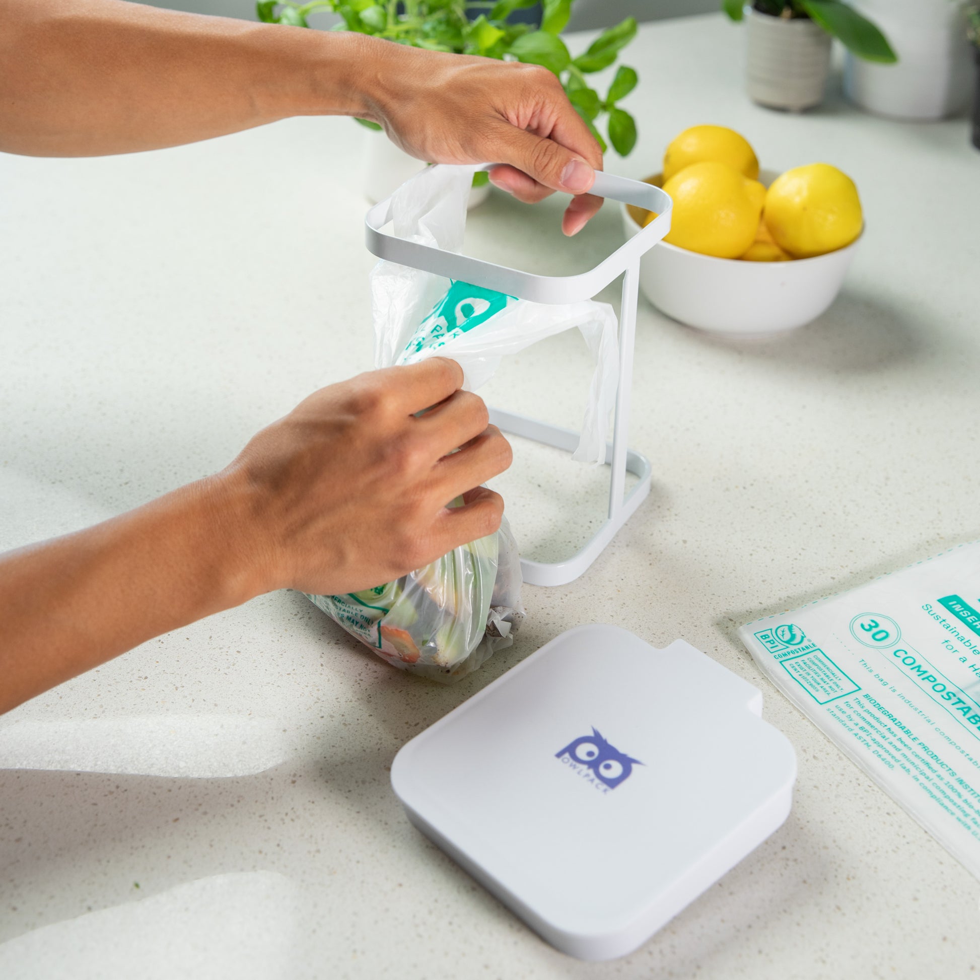 Owlpack easy removal Yucksacks industrial compostable food waste trash bags countertop size kit